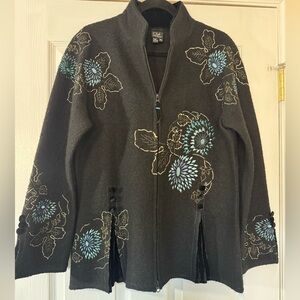 Vintage CoVilo Black Wool Jacket with Flower Accents and Velvet Trim